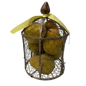 Rustic Wire Birdcage Basket with Faux Yellow Pears Farmhouse Decor Centerpiece